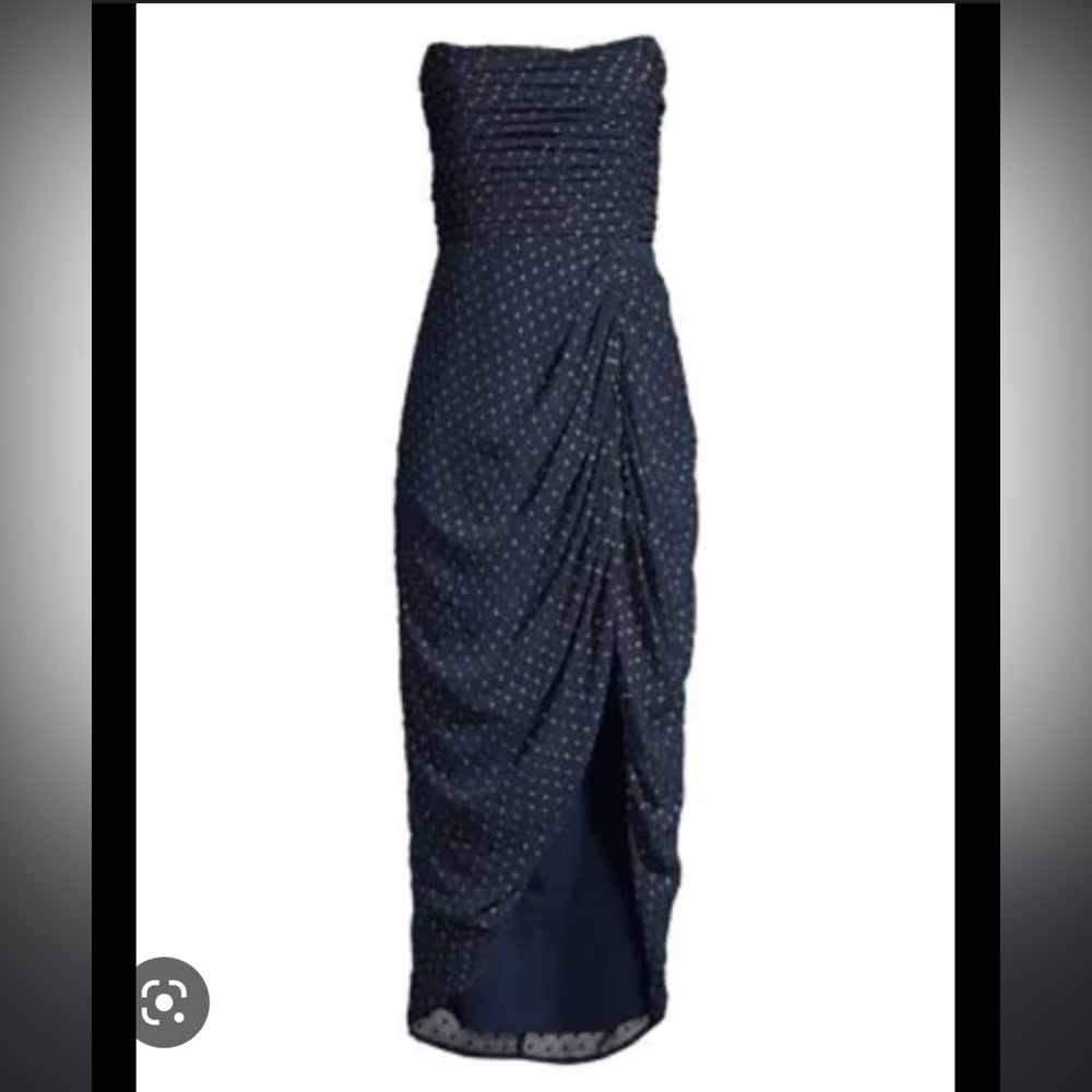 Mestiza New York Aurora Emilia Embroidered Ruched MIDI Dress in Navy Gold